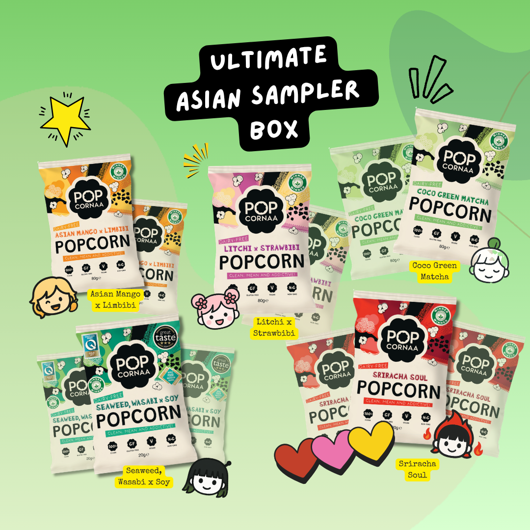 Collection of Pop Corna popcorn packages on a green background with 'Ultimate Asian Sampler Box' text.