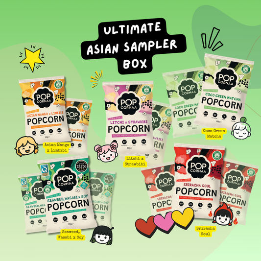 Collection of Pop Corna popcorn packages on a green background with 'Ultimate Asian Sampler Box' text.