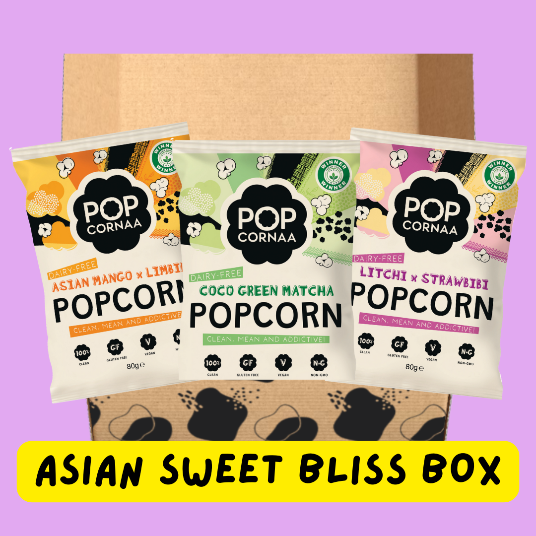 Three packages of Pop Cornaa Asian sweet popcorn with a purple background and yellow text box.