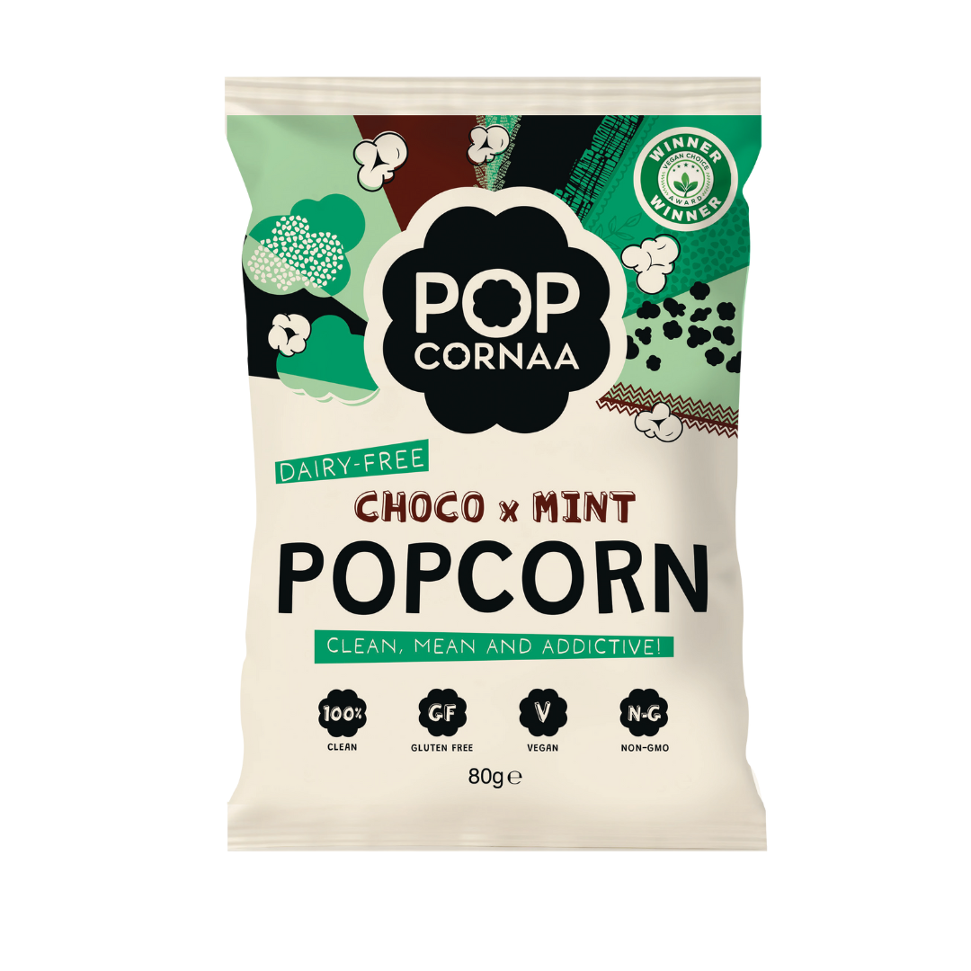 Packaging of Pop Cornaa Choco Mint Popcorn on a white background