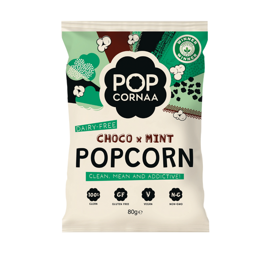 Packaging of Pop Cornaa Choco Mint Popcorn on a white background