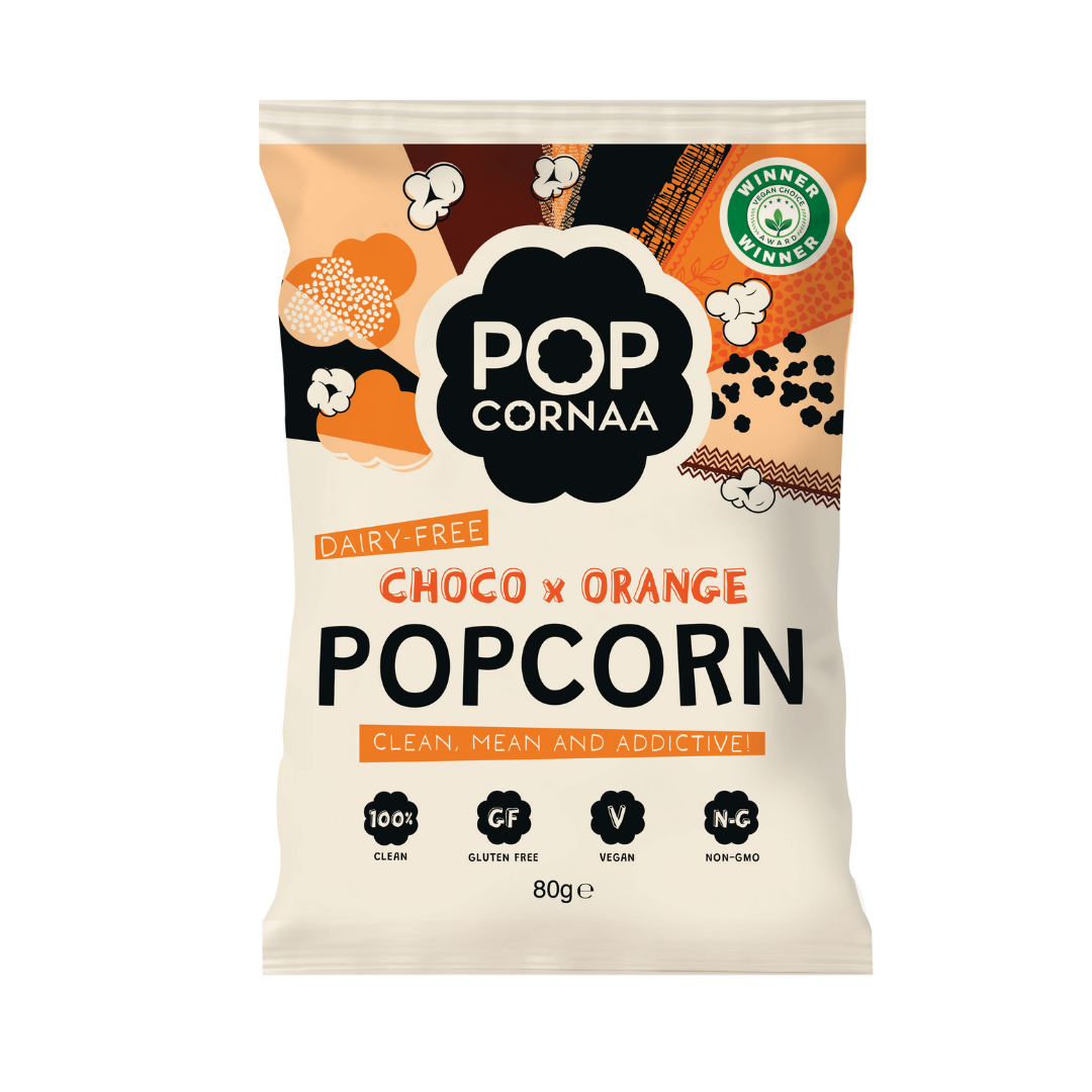 Packaging of Pop Cornaa Choco x Orange Popcorn on a white background