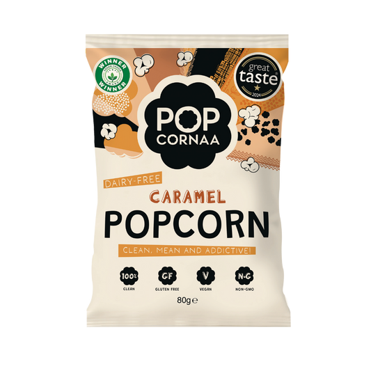 Packaging of Pop Cornnaa caramel popcorn on a white background