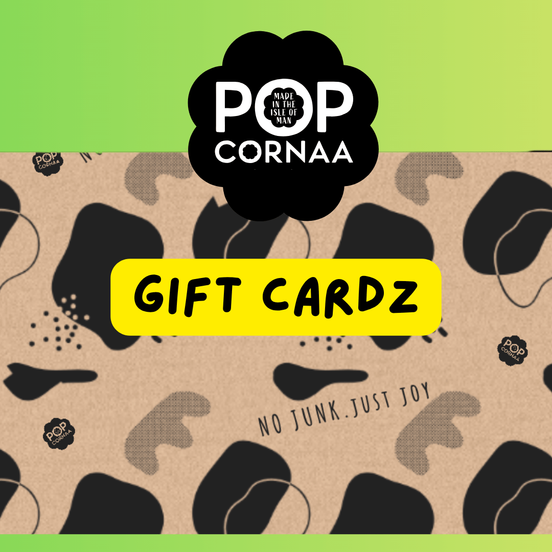 Gift card with Pop Cornaa branding and abstract design on a green and brown background